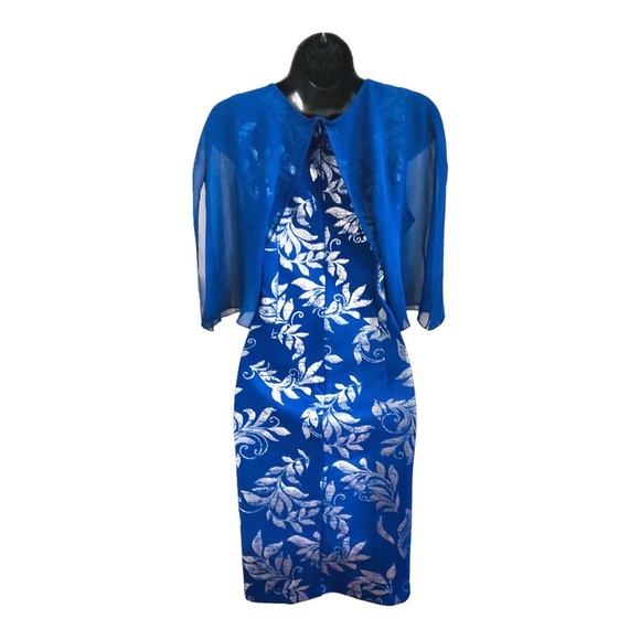 EnFocus studio blue sheer veil cape silver foil print sheath dress size 8P new - Picture 8 of 16